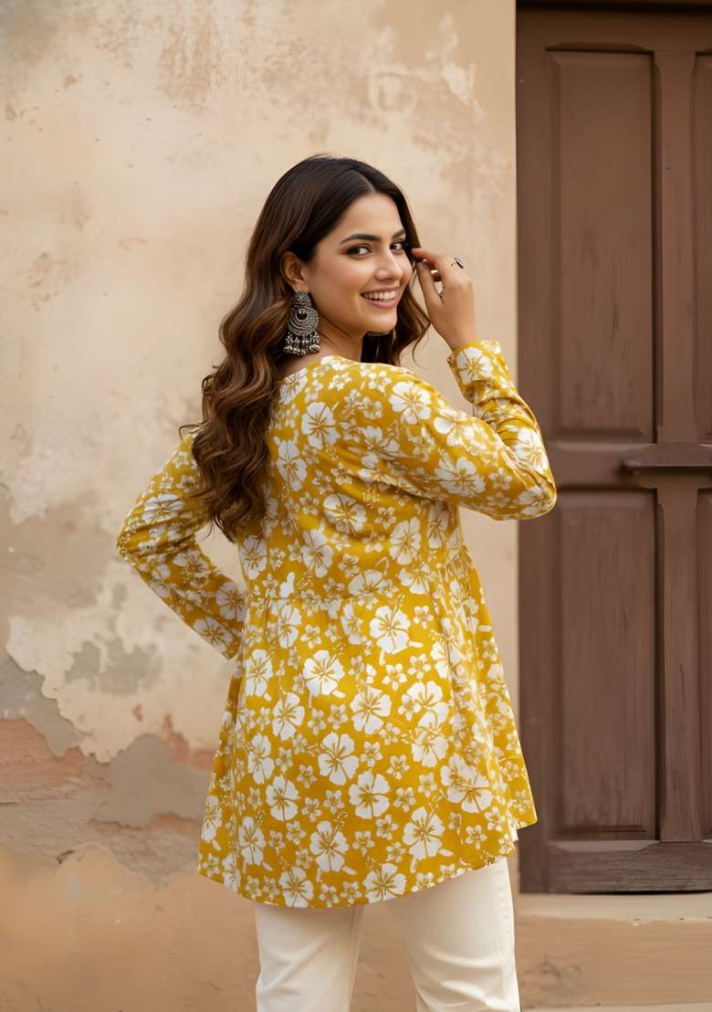Mustard Printed Cotton Kurta - Indya