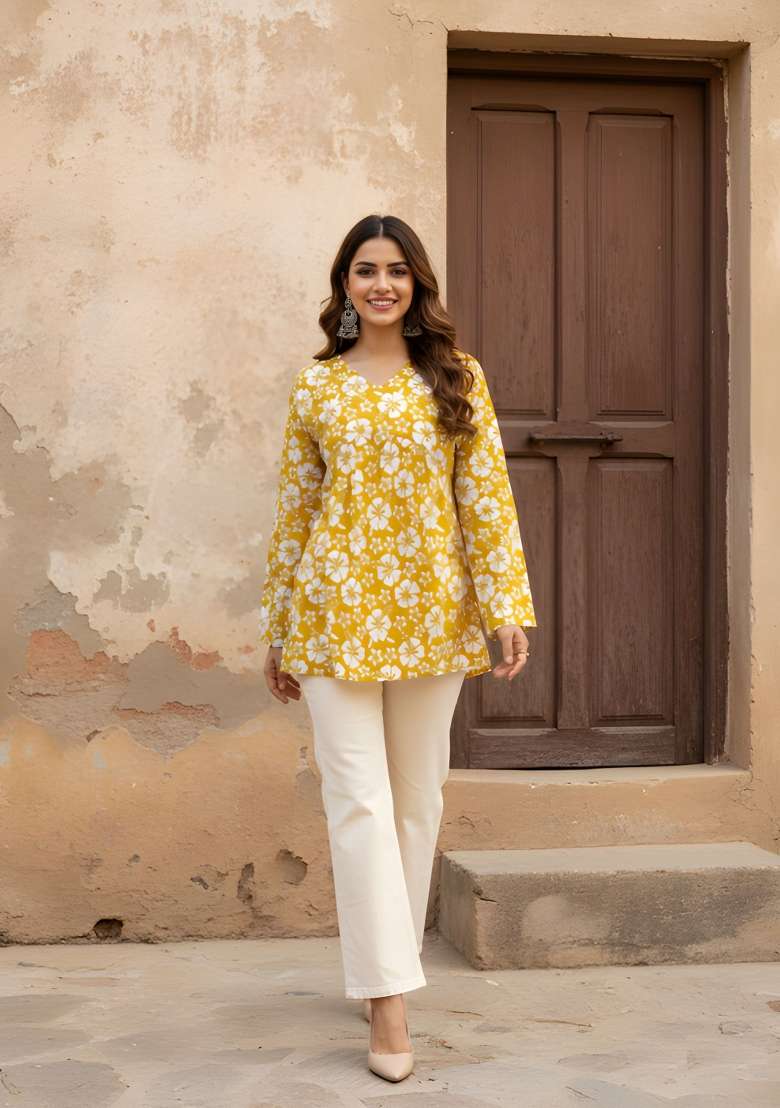 Mustard Printed Cotton Kurta - Indya