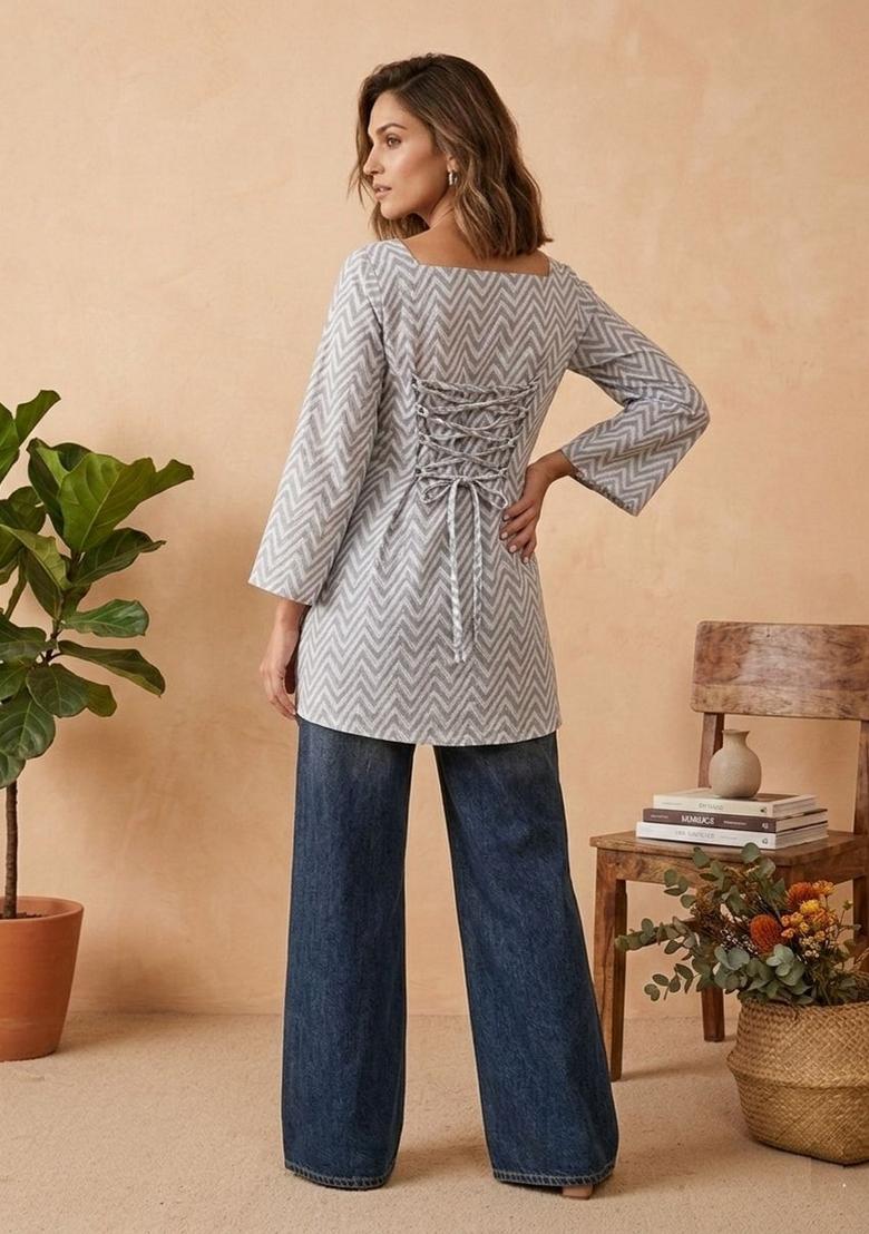 Grey Printed Cotton Kurta - Indya