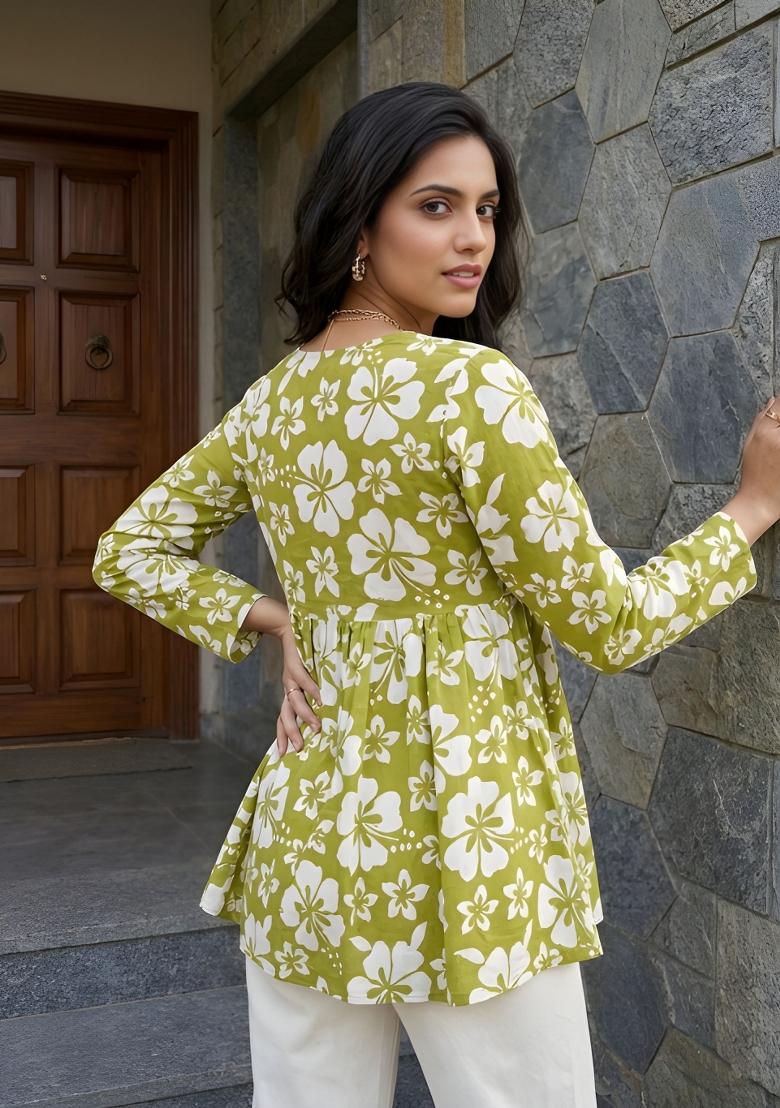Green Printed Cotton Kurta - Indya