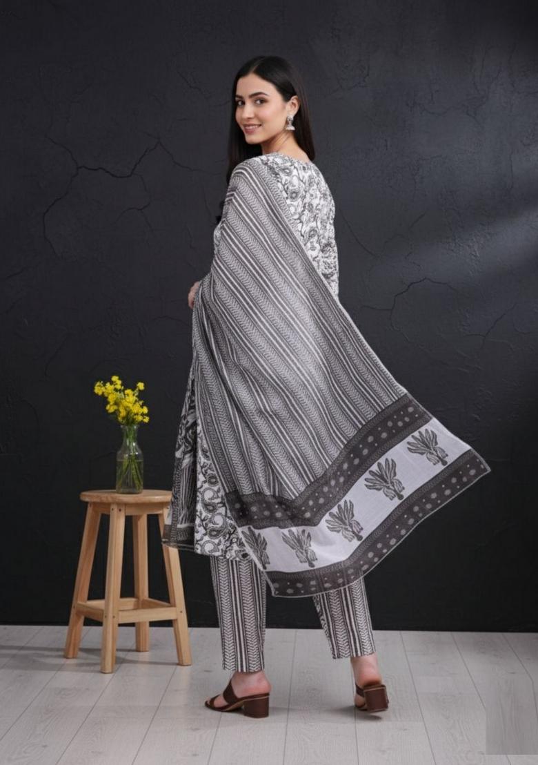 Grey Printed Cotton Kurta Set - Indya