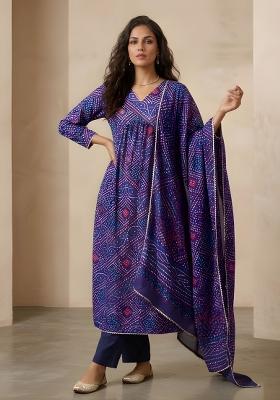 Blue Printed Silk Kurta Set