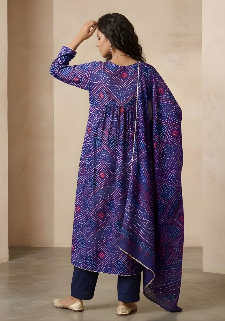 Blue Printed Silk Kurta Set - Indya