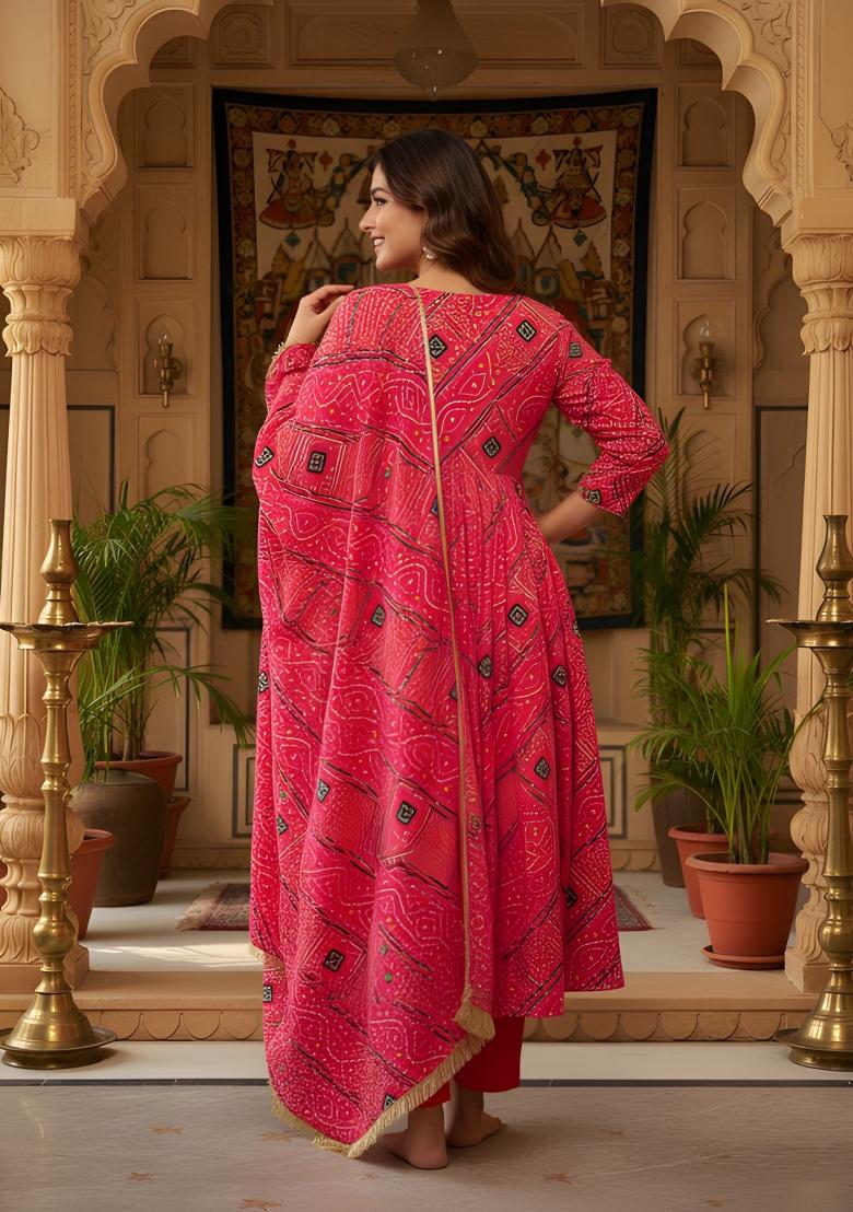 Red Printed Silk Kurta Set - Indya