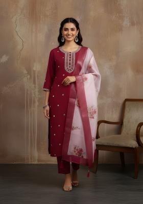Maroon Embroidery Silk Kurta Set