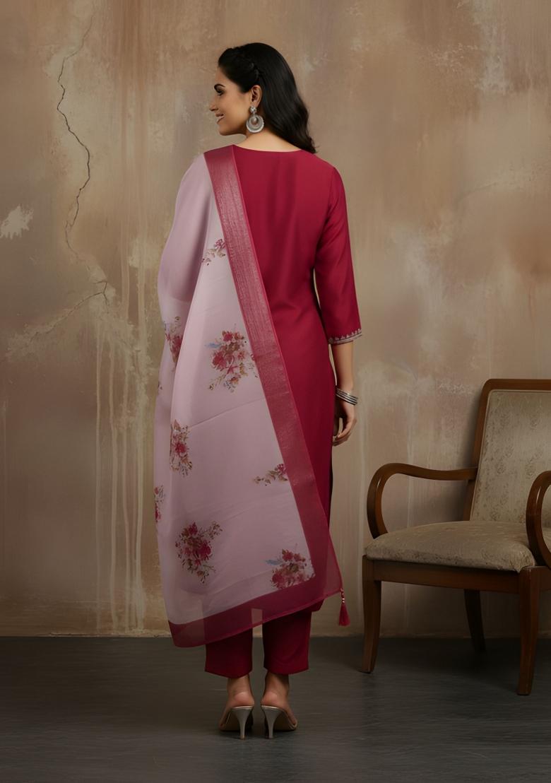 Maroon Embroidery Silk Kurta Set - Indya