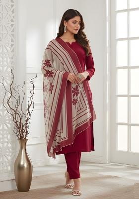 Red Printed Silk Kurta Set