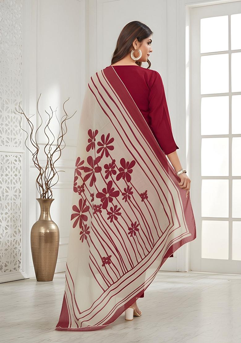 Red Printed Silk Kurta Set - Indya