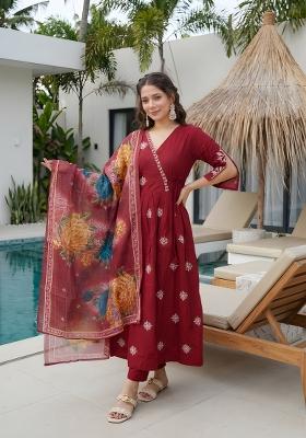Maroon Embroidery Silk Kurta Set