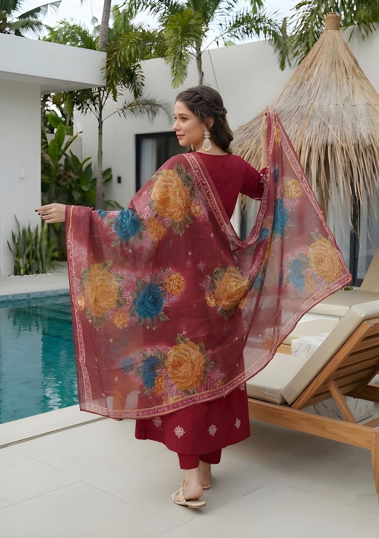Maroon Embroidery Silk Kurta Set - Indya
