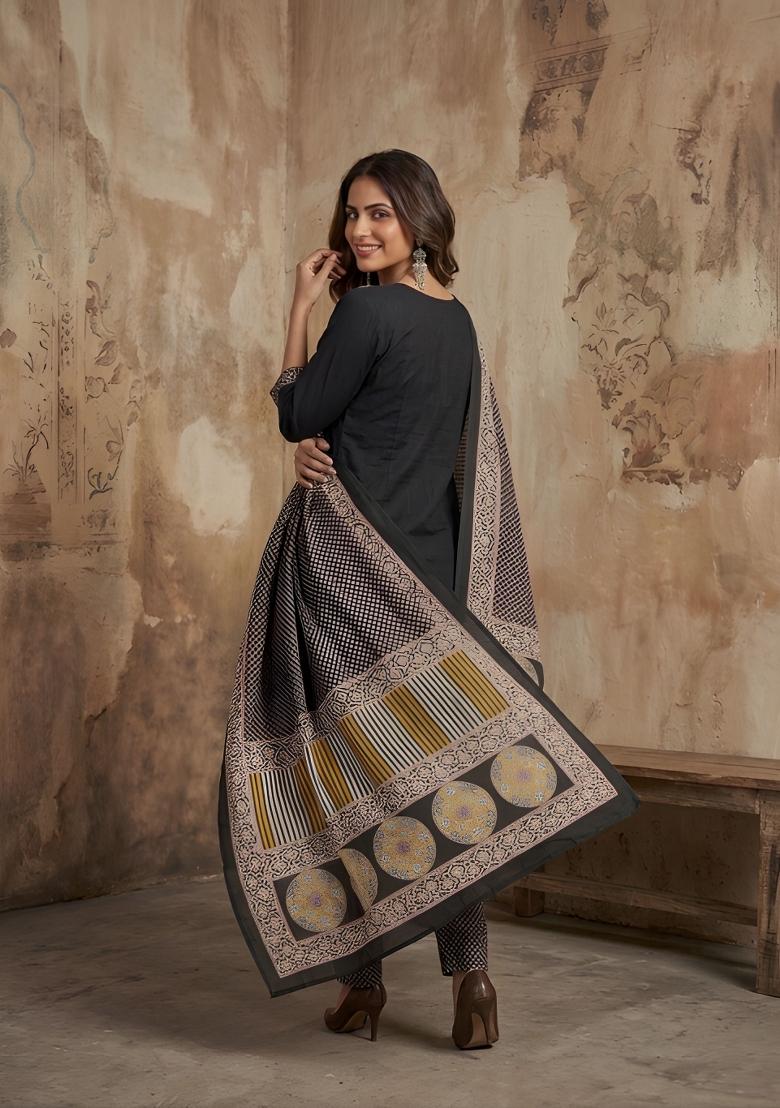 Black Printed Cotton Kurta Set - Indya