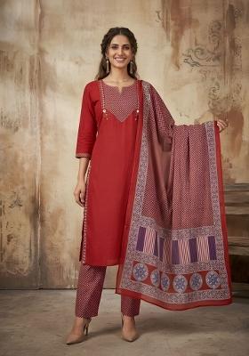 Maroon Printed Cotton Kurta Set