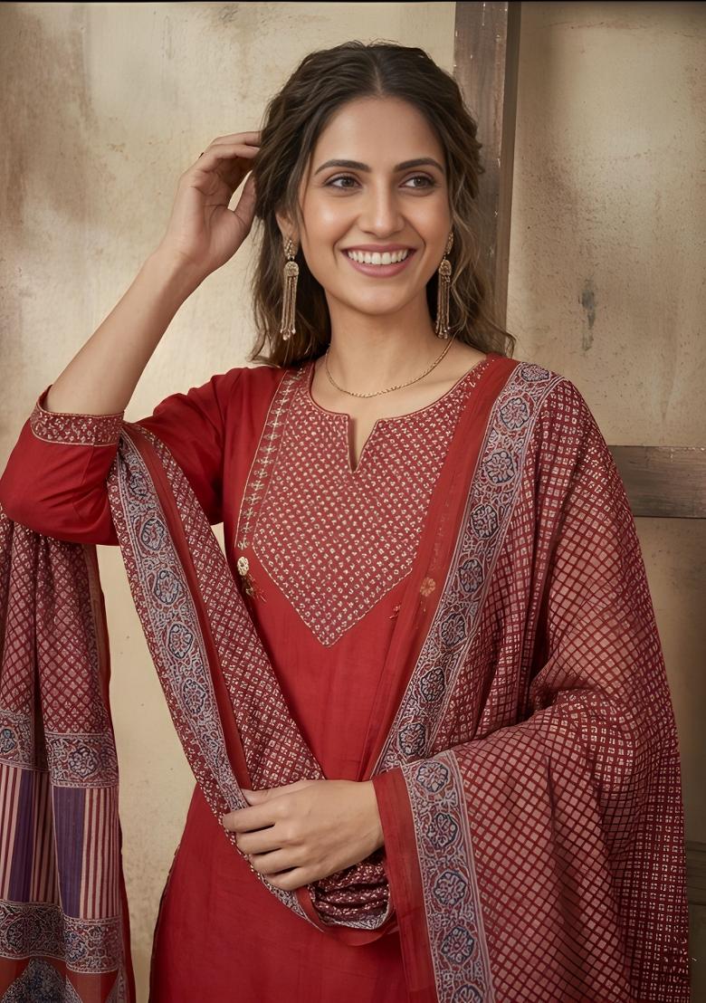 Maroon Printed Cotton Kurta Set - Indya