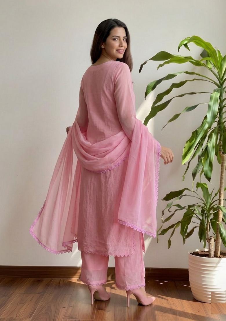 Pink Embroidery Georgette Kurta Set - Indya