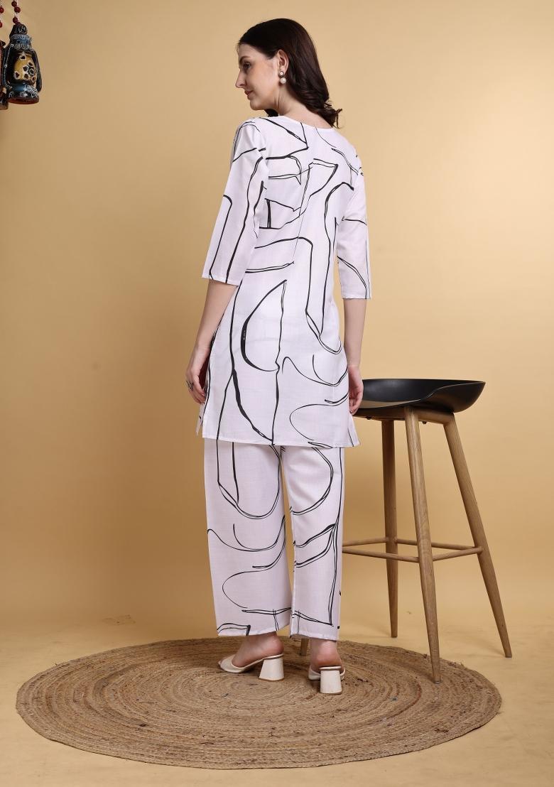 White Printed Cotton Kurta Set - Indya