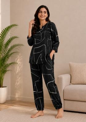 Black Printed Cotton Kurta Set