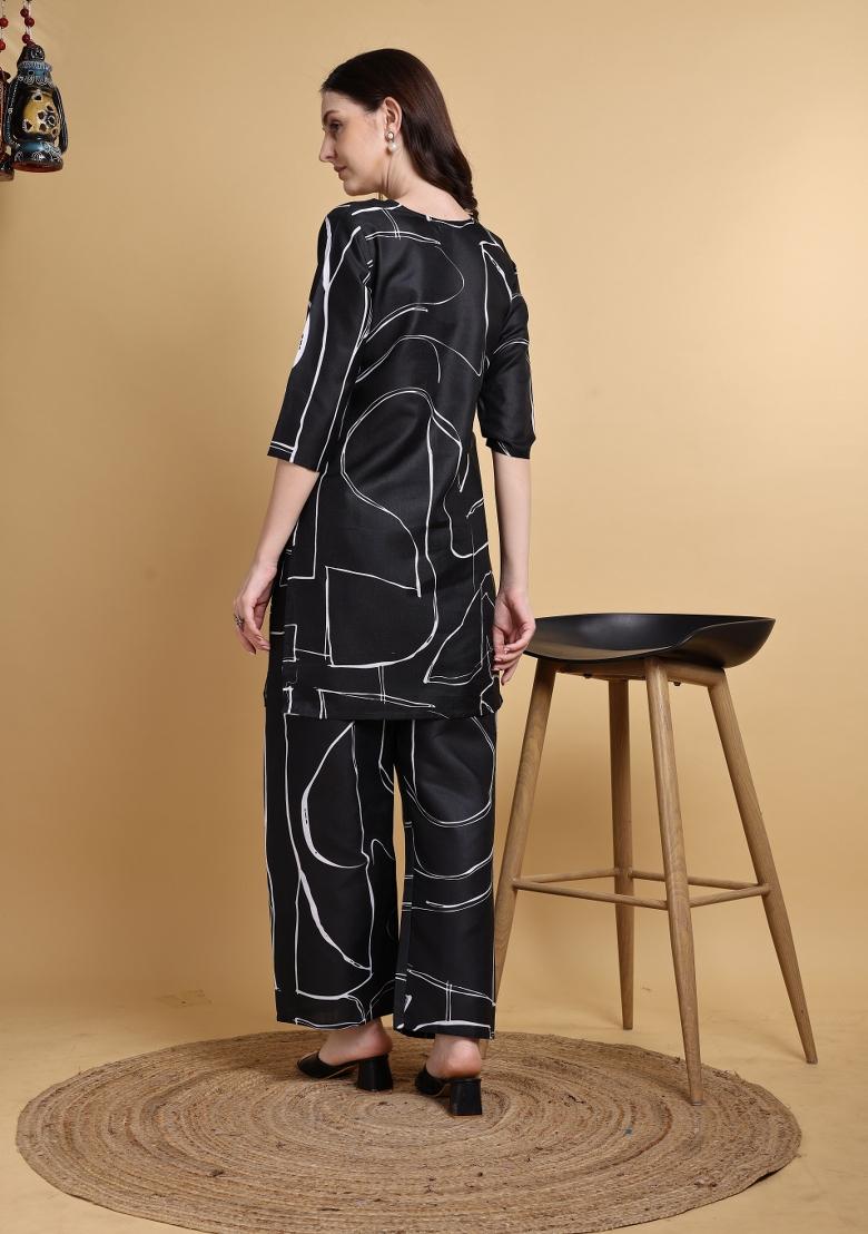 Black Printed Cotton Kurta Set - Indya
