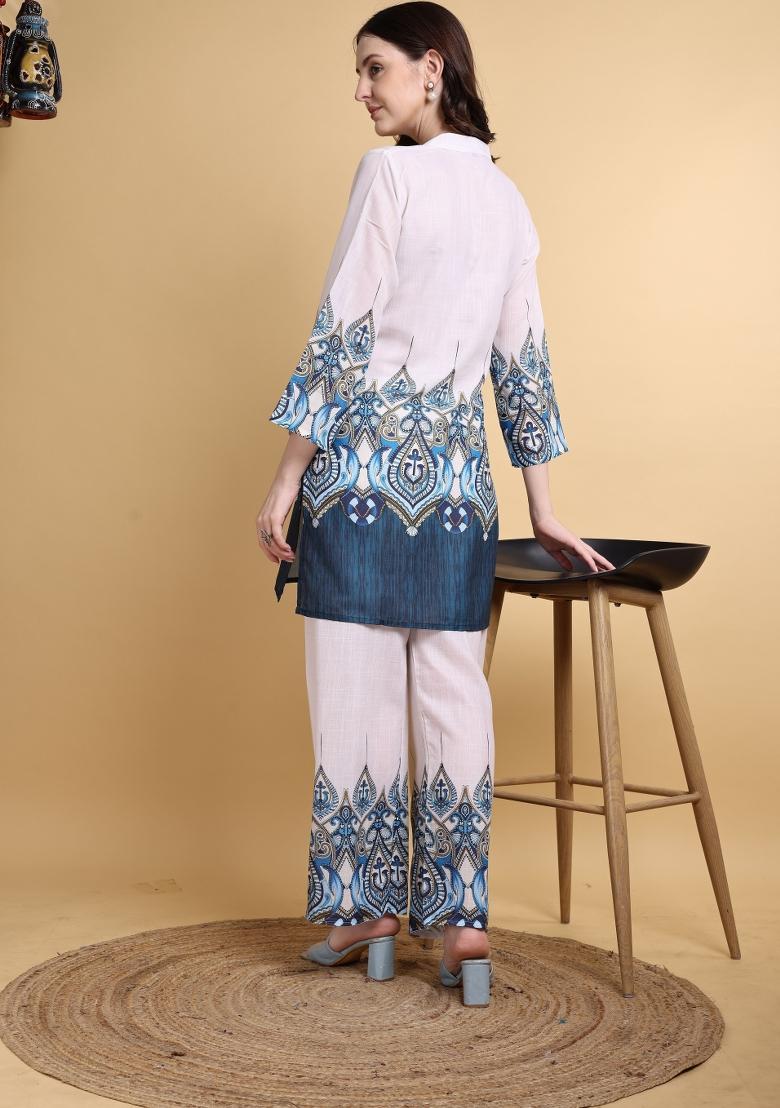 Off White Printed Cotton Kurta Set - Indya
