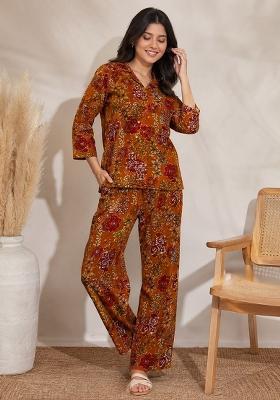 Mustard Printed Cotton Kurta Set