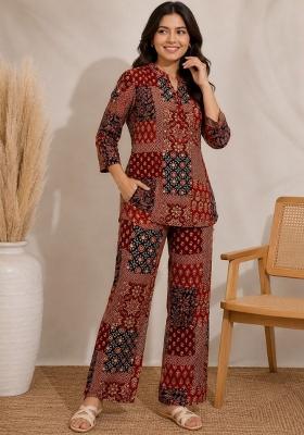Maroon Printed Cotton Kurta Set