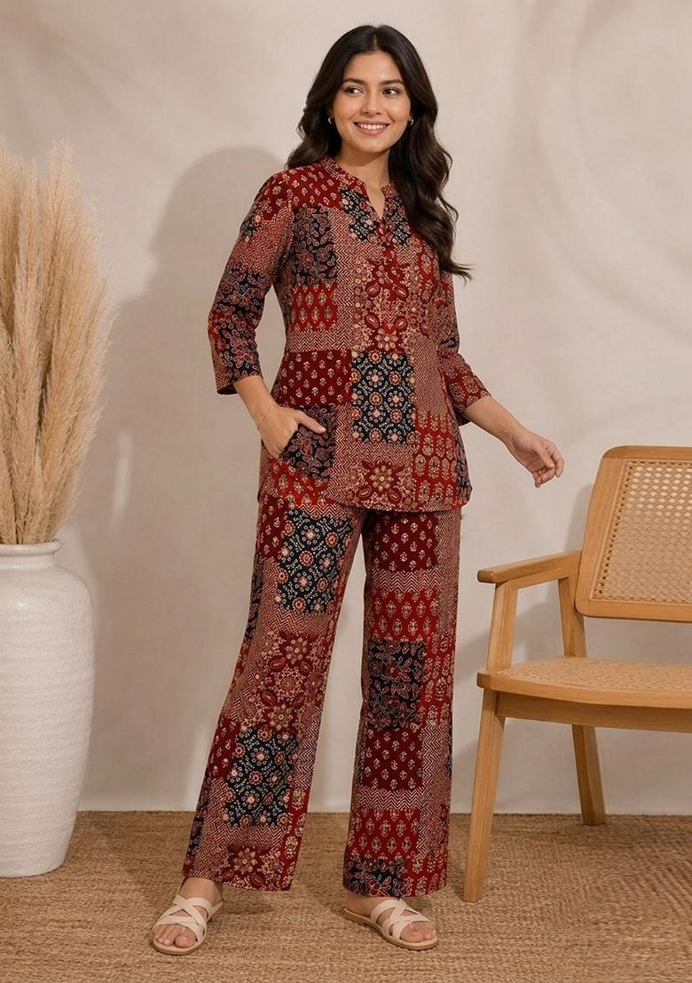 Maroon Printed Cotton Kurta Set - Indya