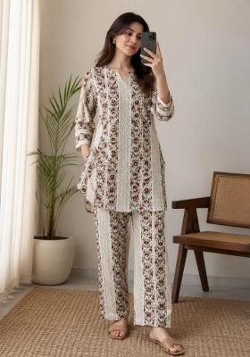 Off White Printed Cotton Kurta Set