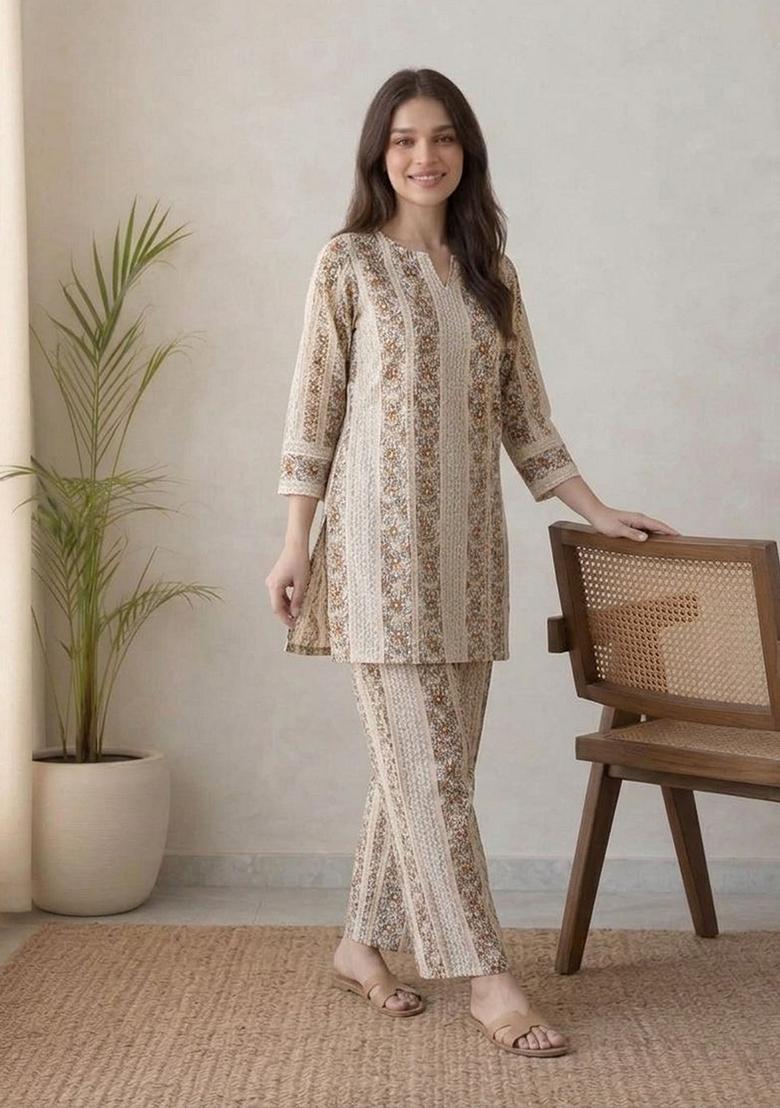 Off White Printed Cotton Kurta Set - Indya
