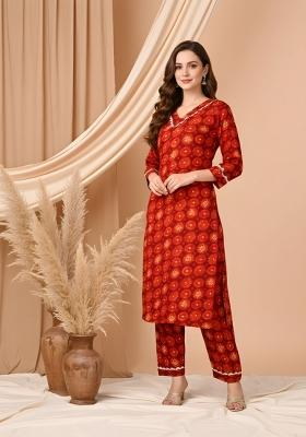 Red Printed Silk Kurta Set
