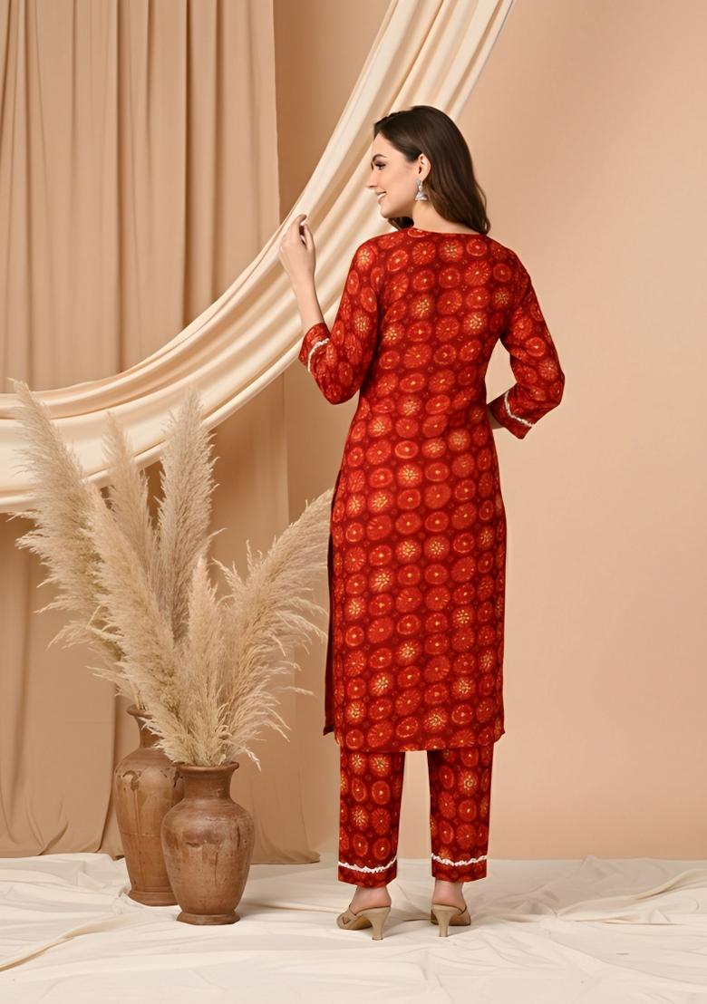 Red Printed Silk Kurta Set - Indya