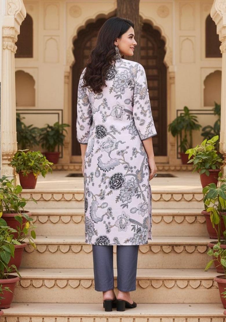 White Printed Cotton Kurta Set - Indya
