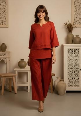 Rust Printed Cotton Kurta Set