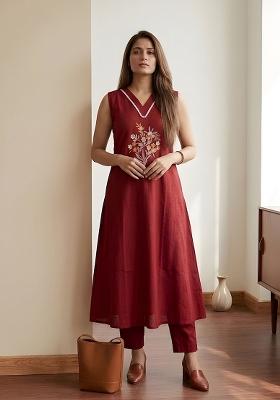Maroon Embroidery Cotton Kurta Set