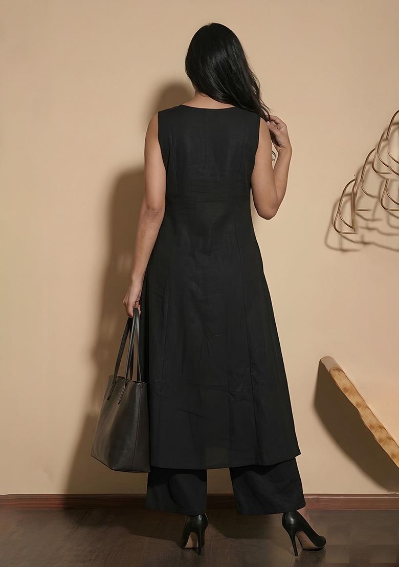 Black Embroidery Cotton Kurta Set - Indya