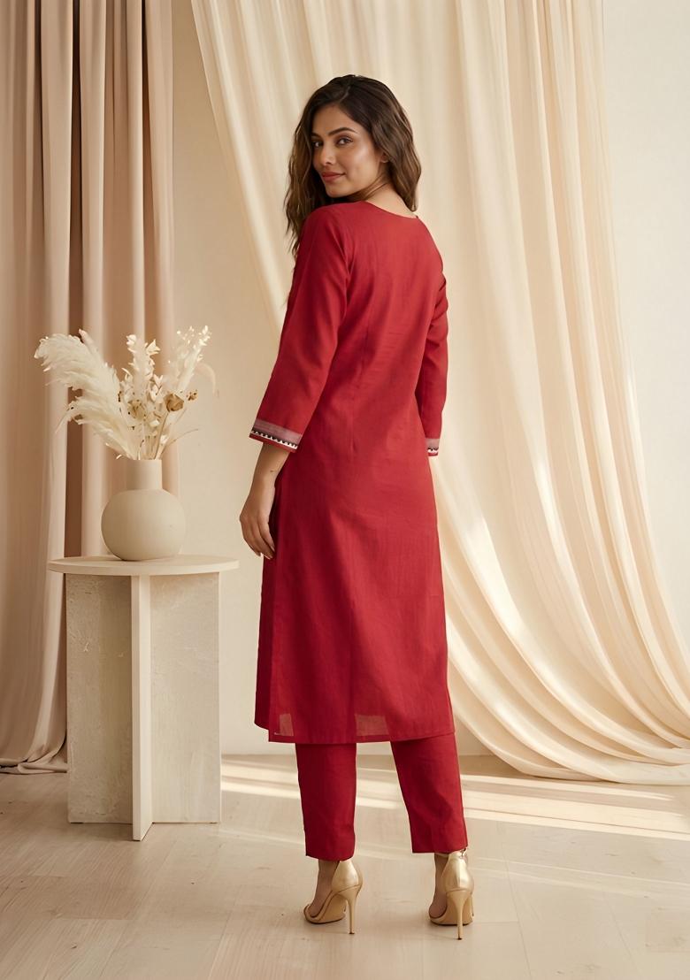Maroon Printed Silk Kurta Set - Indya