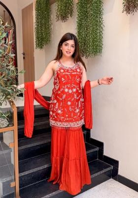 Orange Embroidery Tissue Kurta Set