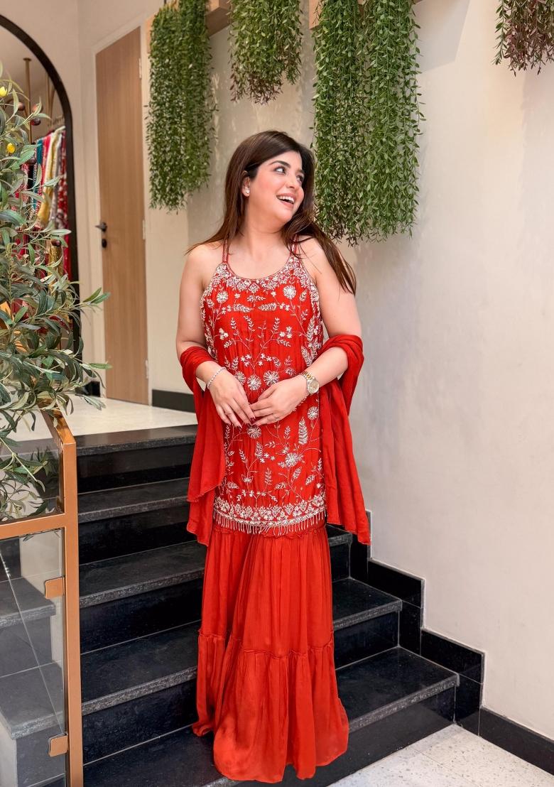 Orange Embroidery Tissue Kurta Set - Indya