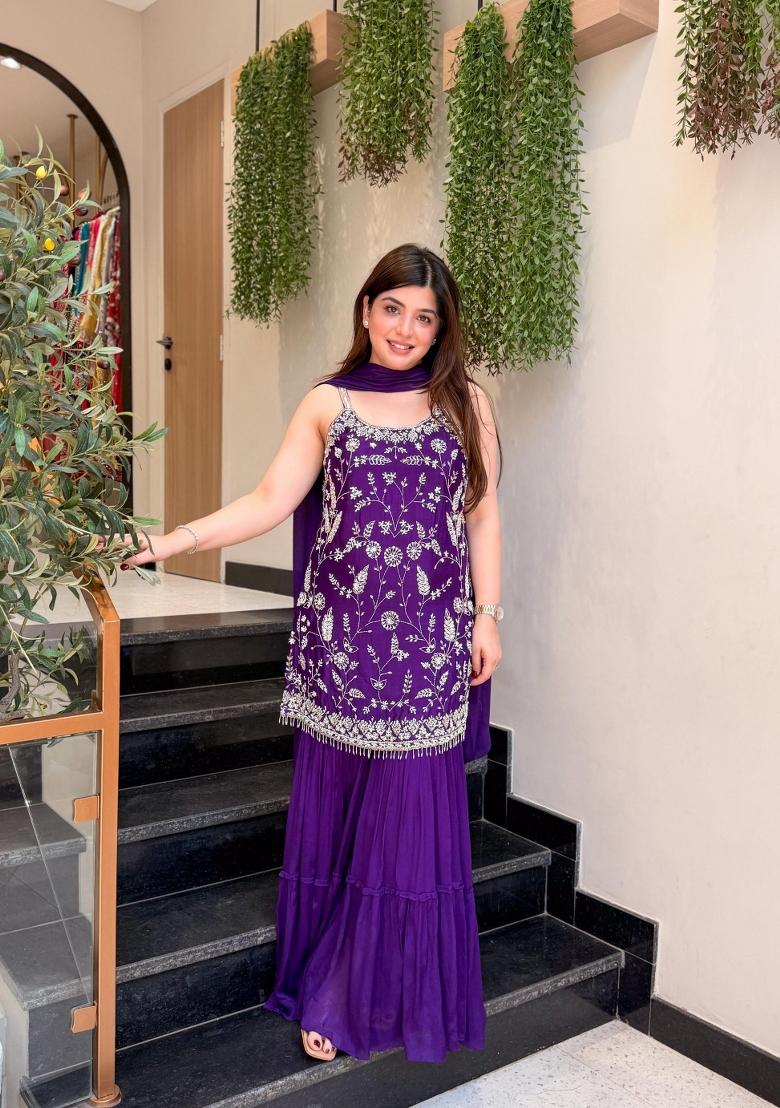 Purple Embroidery Tissue Kurta Set - Indya