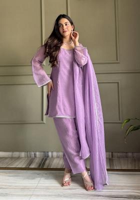 Mauve Embroidery Silk Kurta Set