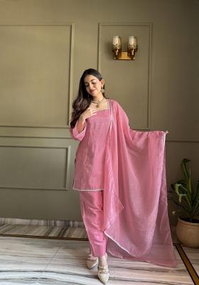 Pink Embroidery Silk Kurta Set