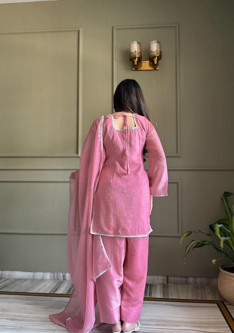 Pink Embroidery Silk Kurta Set - Indya
