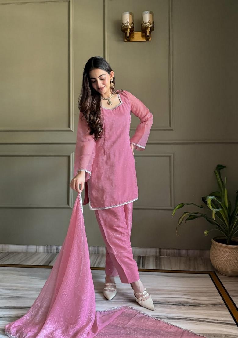 Pink Embroidery Silk Kurta Set - Indya