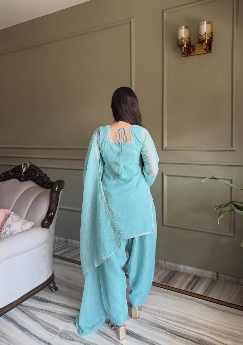 Sea Green Embroidery Silk Kurta Set - Indya