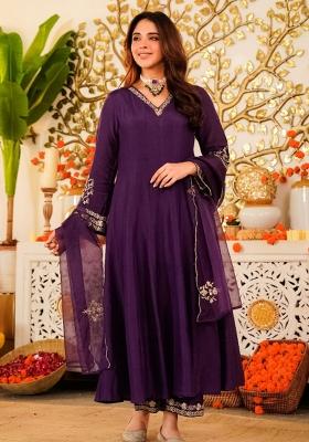 Purple Embroidery Chanderi Kurta Set