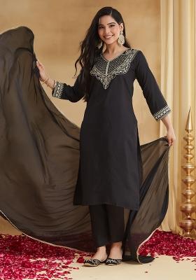 Black Embroidery Rayon Kurta Set