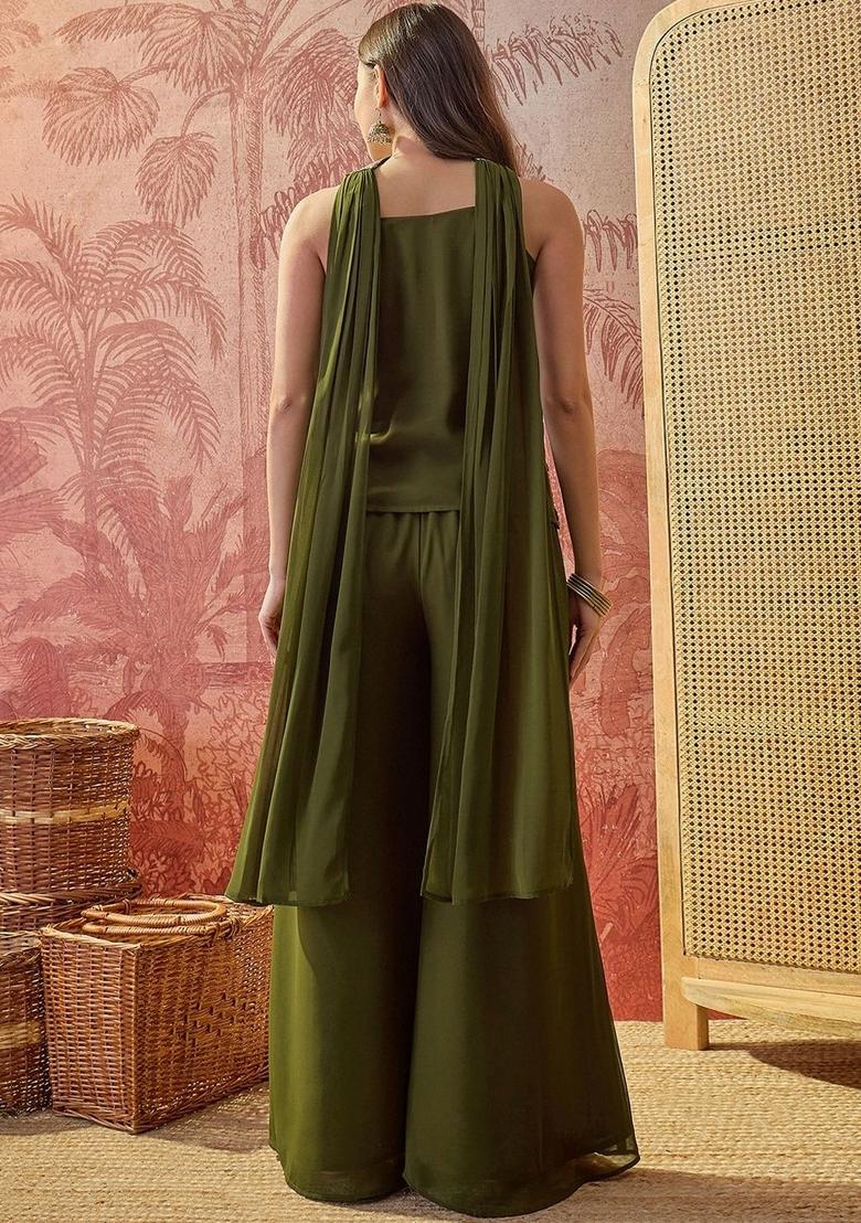 Green Embroidery Georgette Kurta Set - Indya