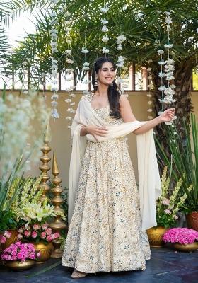 Off White Printed Rayon Gown With Dupatta