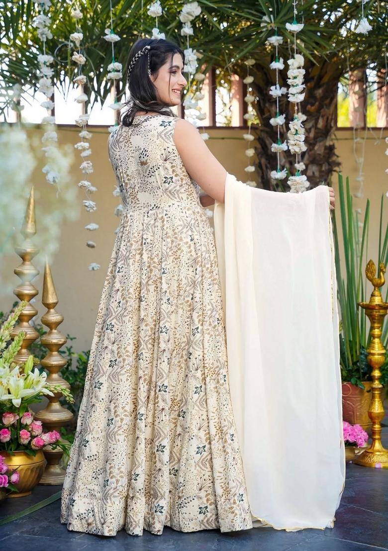 Off White Printed Rayon Gown With Dupatta - Indya