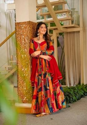 Red Printed Rayon Gown With Dupatta
