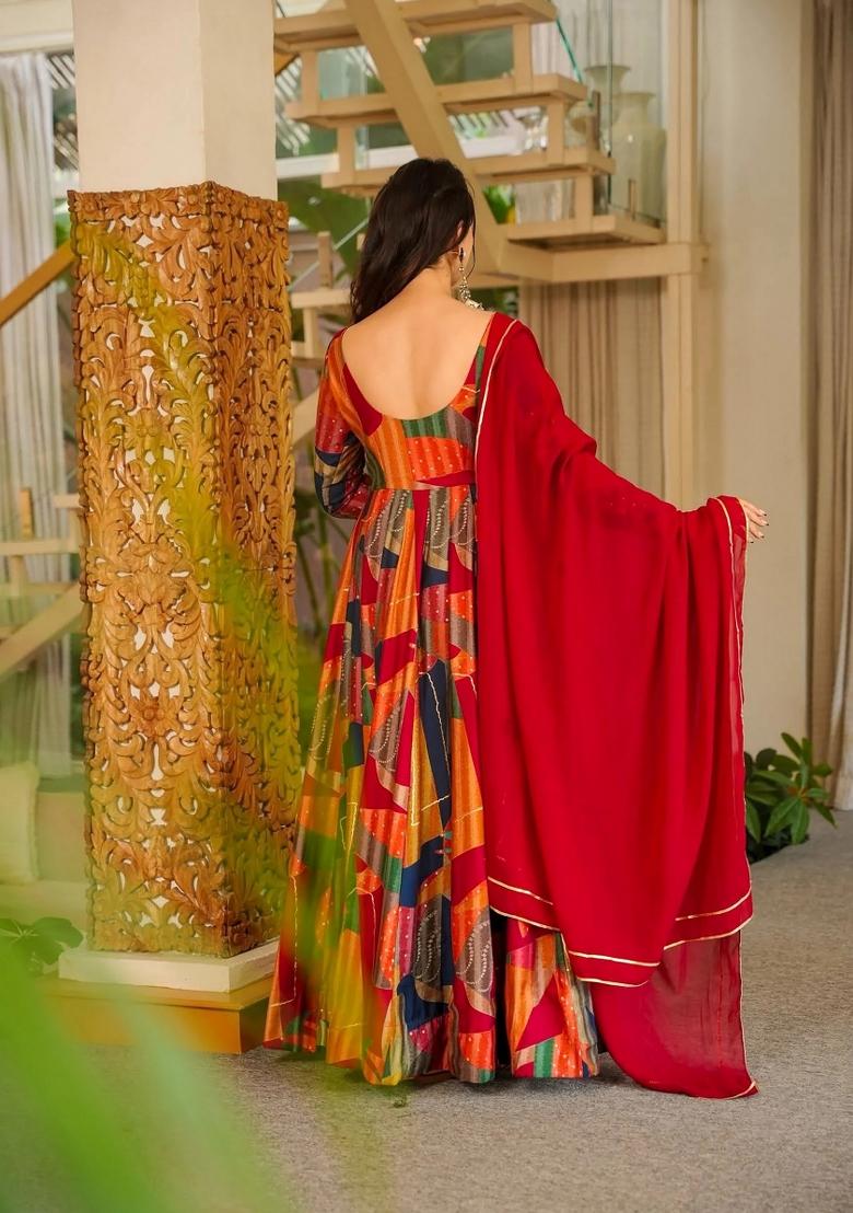 Red Printed Rayon Gown With Dupatta - Indya