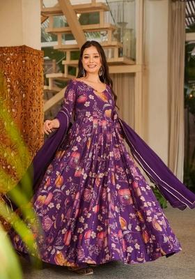 Purple Printed Rayon Gown With Dupatta